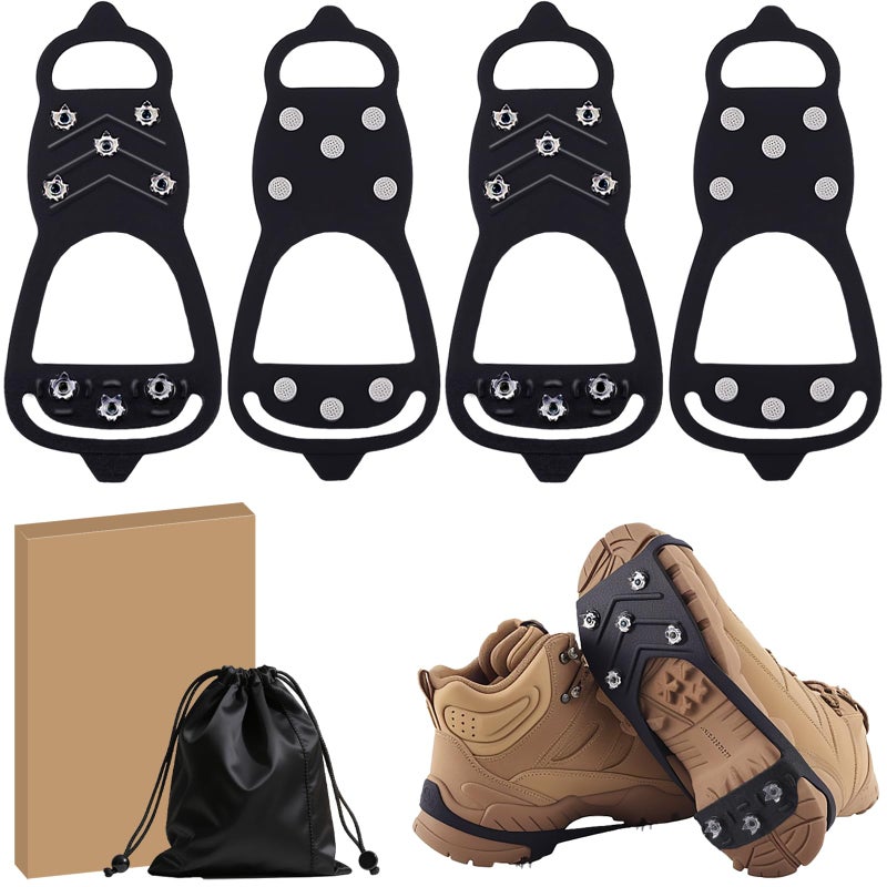 HQcontL 2 Pairs Ice Cleats for Shoes and Boots, Universal Non Slip Hiking Spikes, Micro Shoe Spikes for Snow and Ice, Durable Snow Crampons for Winter Hiking Climbing Ice Fishing, 8 Steel Studs Gripper Spike - Image 1