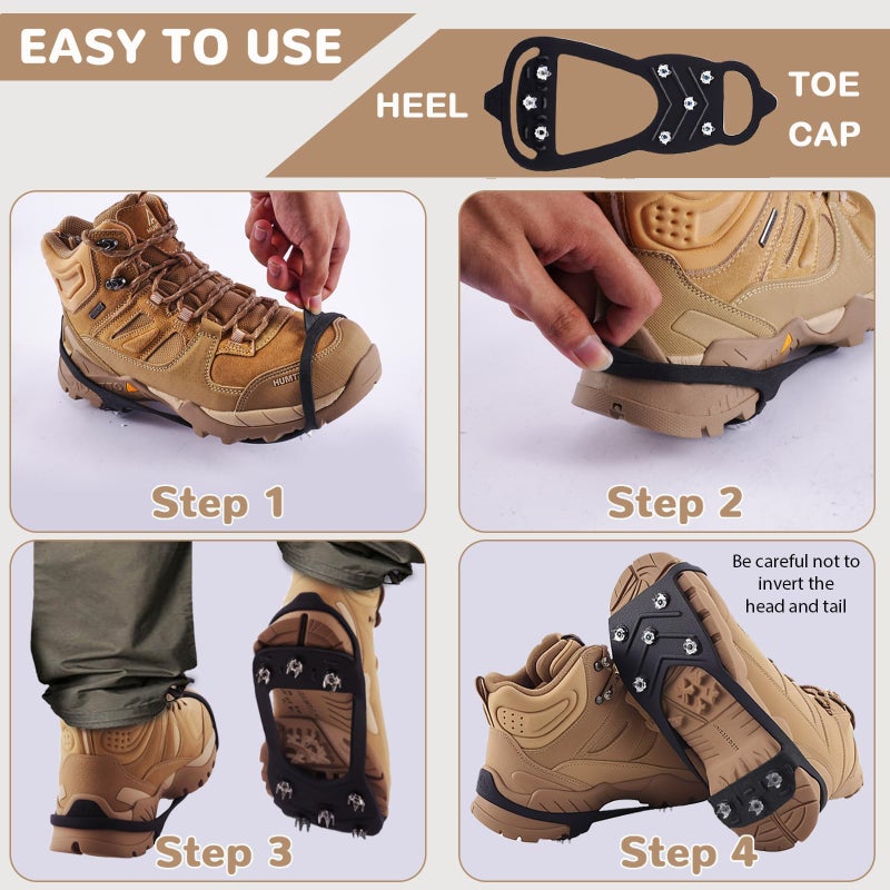 HQcontL 2 Pairs Ice Cleats for Shoes and Boots, Universal Non Slip Hiking Spikes, Micro Shoe Spikes for Snow and Ice, Durable Snow Crampons for Winter Hiking Climbing Ice Fishing, 8 Steel Studs Gripper Spike - Image 2