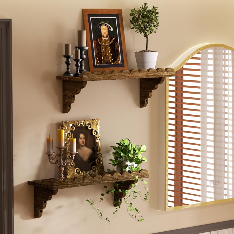 QsQueen Scalloped Wood Wall Shelf â€“ 17 Inch Floating Shelf with Wood Brackets, Easy to Install Rustic Wall Shelf for Living Room, Bedroom, Bathroom, or Any Space - Image 2