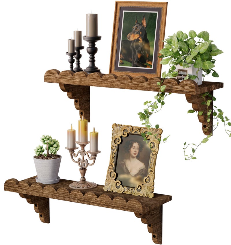 QsQueen Scalloped Wood Wall Shelf â€“ 17 Inch Floating Shelf with Wood Brackets, Easy to Install Rustic Wall Shelf for Living Room, Bedroom, Bathroom, or Any Space - Image 1