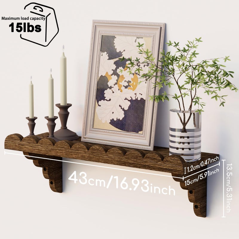 QsQueen Scalloped Wood Wall Shelf â€“ 17 Inch Floating Shelf with Wood Brackets, Easy to Install Rustic Wall Shelf for Living Room, Bedroom, Bathroom, or Any Space - Image 3