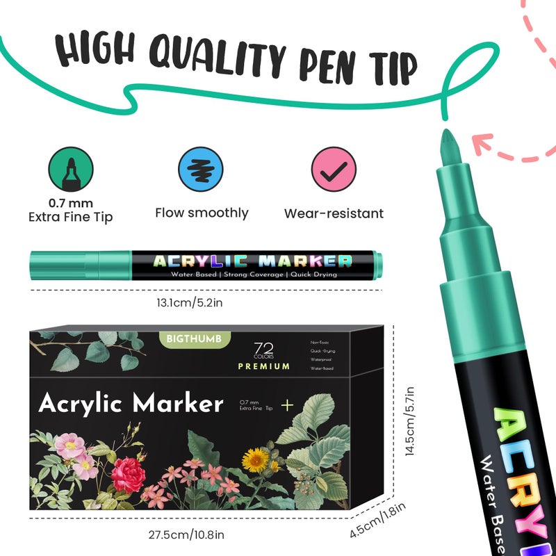 BIGTHUMB 72 Colors Acrylic Paint Pens Markers, Extra Fine Tip Acrylic Paint Markers for Rock Painting, Ceramic, Wood, Plastic, Canvas, Glass, Card Making, DIY Crafts & Art Supplies - Image 3