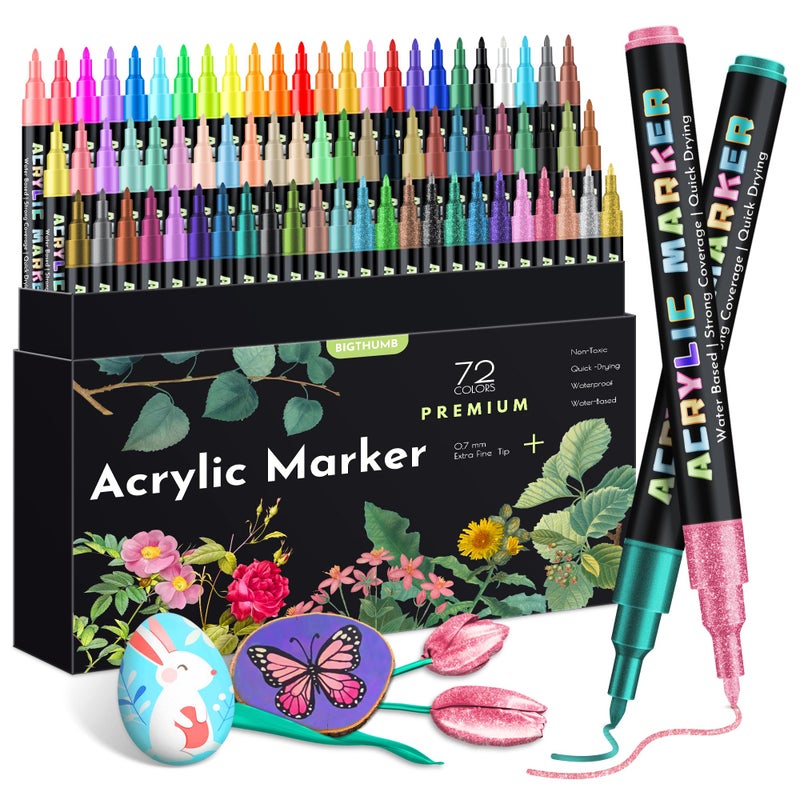 BIGTHUMB 72 Colors Acrylic Paint Pens Markers, Extra Fine Tip Acrylic Paint Markers for Rock Painting, Ceramic, Wood, Plastic, Canvas, Glass, Card Making, DIY Crafts & Art Supplies - Image 1