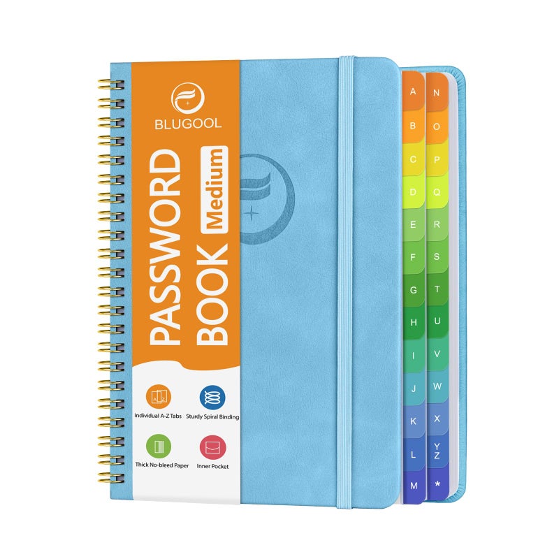 Blugool Password Book with Alphabetical Tabs, Password Keeper Book for Seniors, Individual & Colorful Tabs, Spiral Hardcover Password Notebook for Website Logins, 5.7" x 7.7", Blue - Image 1