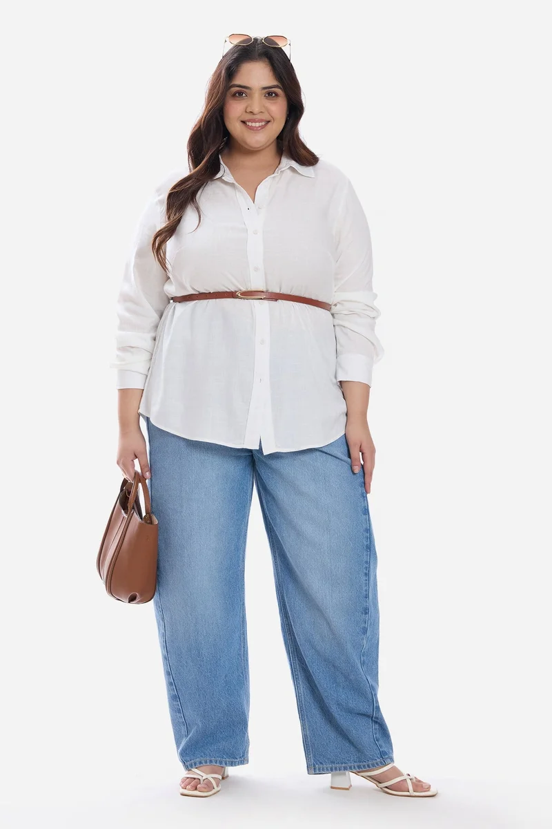 فيرجيو Solid Cotton Regular Button Down Plus Size Shirt for Women