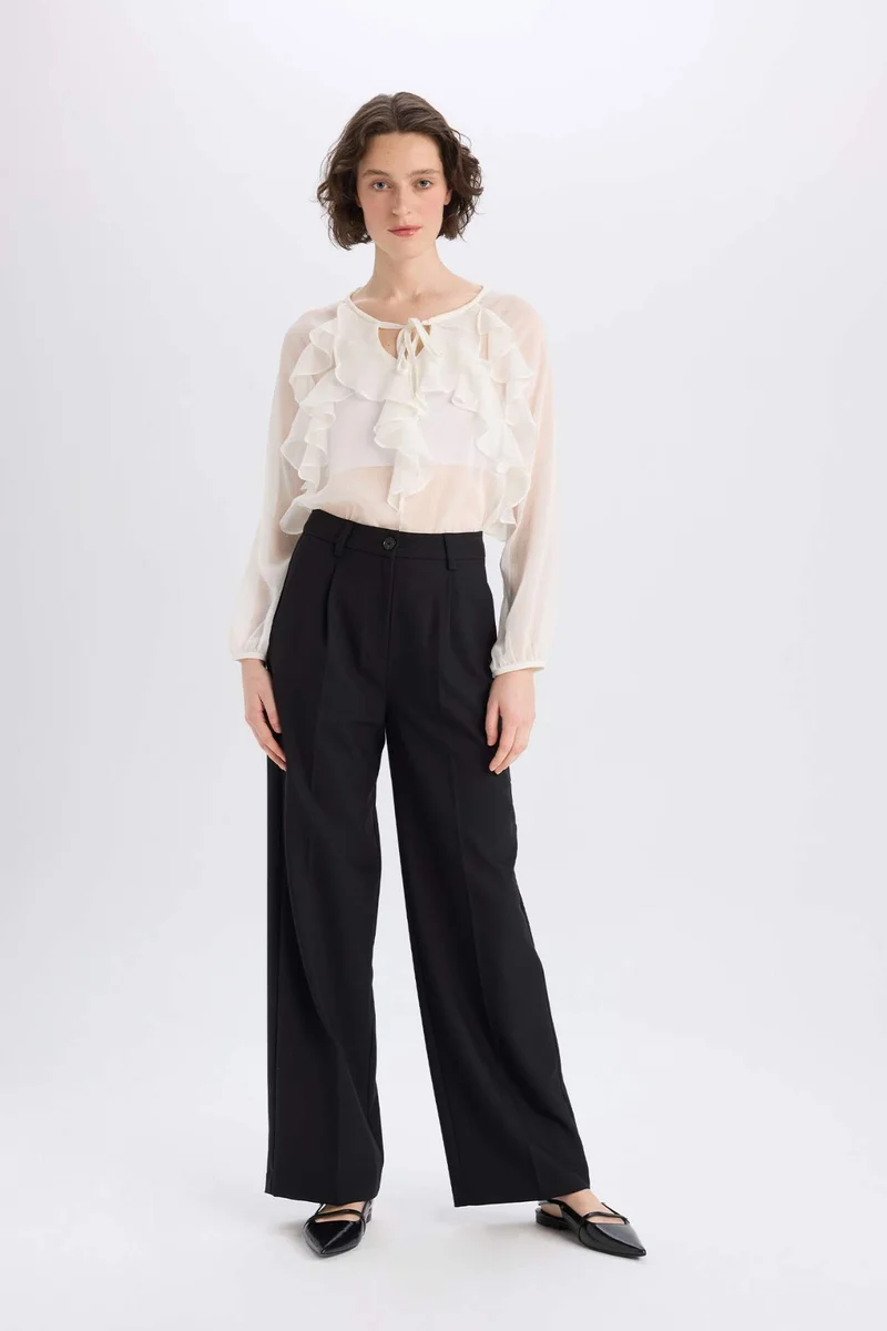 ديفاكتو Regular Fit Round Neck Ruffled Chiffon Long Sleeve Blouse
