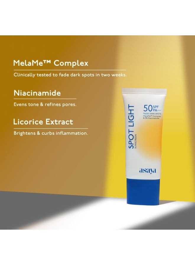 Asaya أسايا | واقي شمسي مزيل للتصبغات سبوت لايت بعامل حماية SPF50 PA++++ | نياسيناميد + خلاصة عرق السوس | خالٍ من الزيوت، لا يترك طبقة بيضاء، واقي شمسي يومي لجميع أنواع البشرة | 50 غرام - Image 3