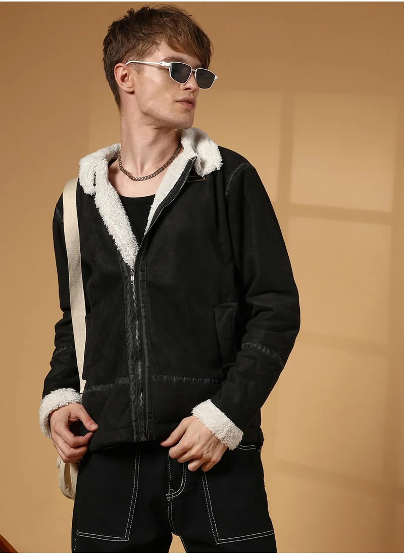 Campus Sutra Men's Carbon Black & Chalk White Fleece Lined Biker Jacket