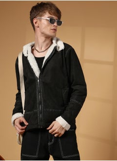 Campus Sutra Men's Carbon Black & Chalk White Fleece Lined Biker Jacket  - Image 1