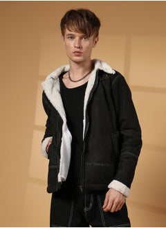 Campus Sutra Men's Carbon Black & Chalk White Fleece Lined Biker Jacket  - Image 2