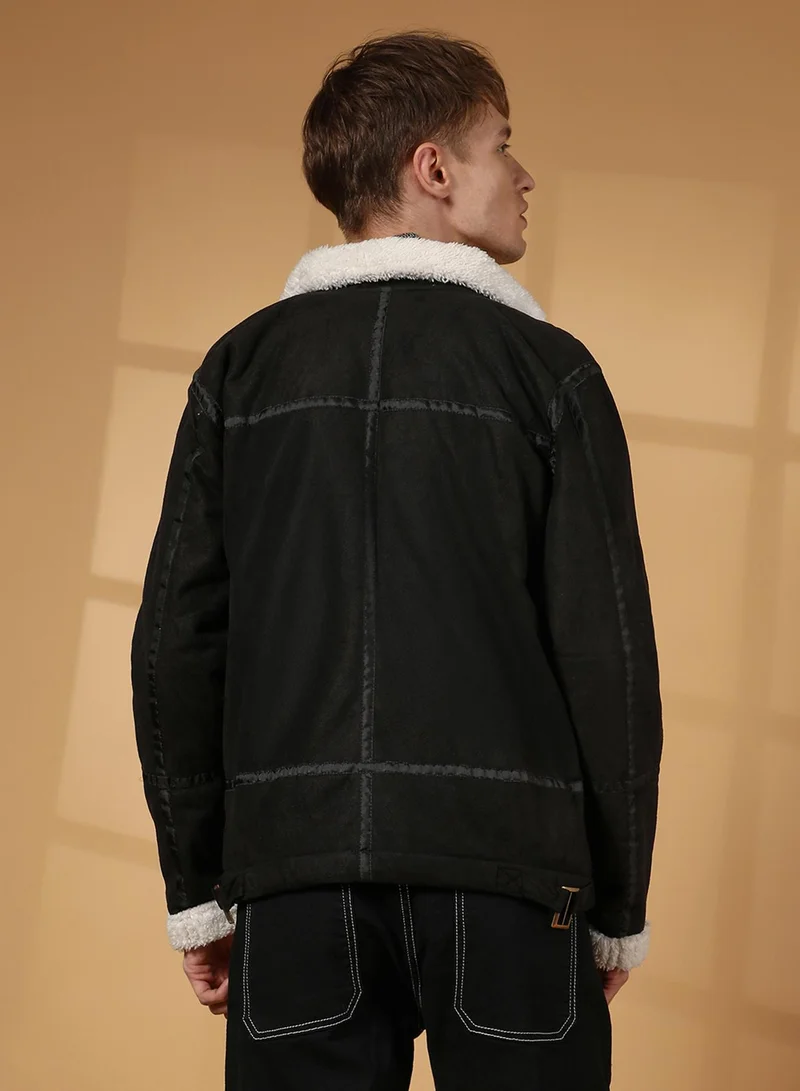 كامبوس سوترا Men's Carbon Black & Chalk White Fleece Lined Biker Jacket
