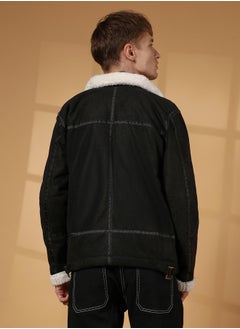 Campus Sutra Men's Carbon Black & Chalk White Fleece Lined Biker Jacket  - Image 5