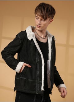 Campus Sutra Men's Carbon Black & Chalk White Fleece Lined Biker Jacket  - Image 3
