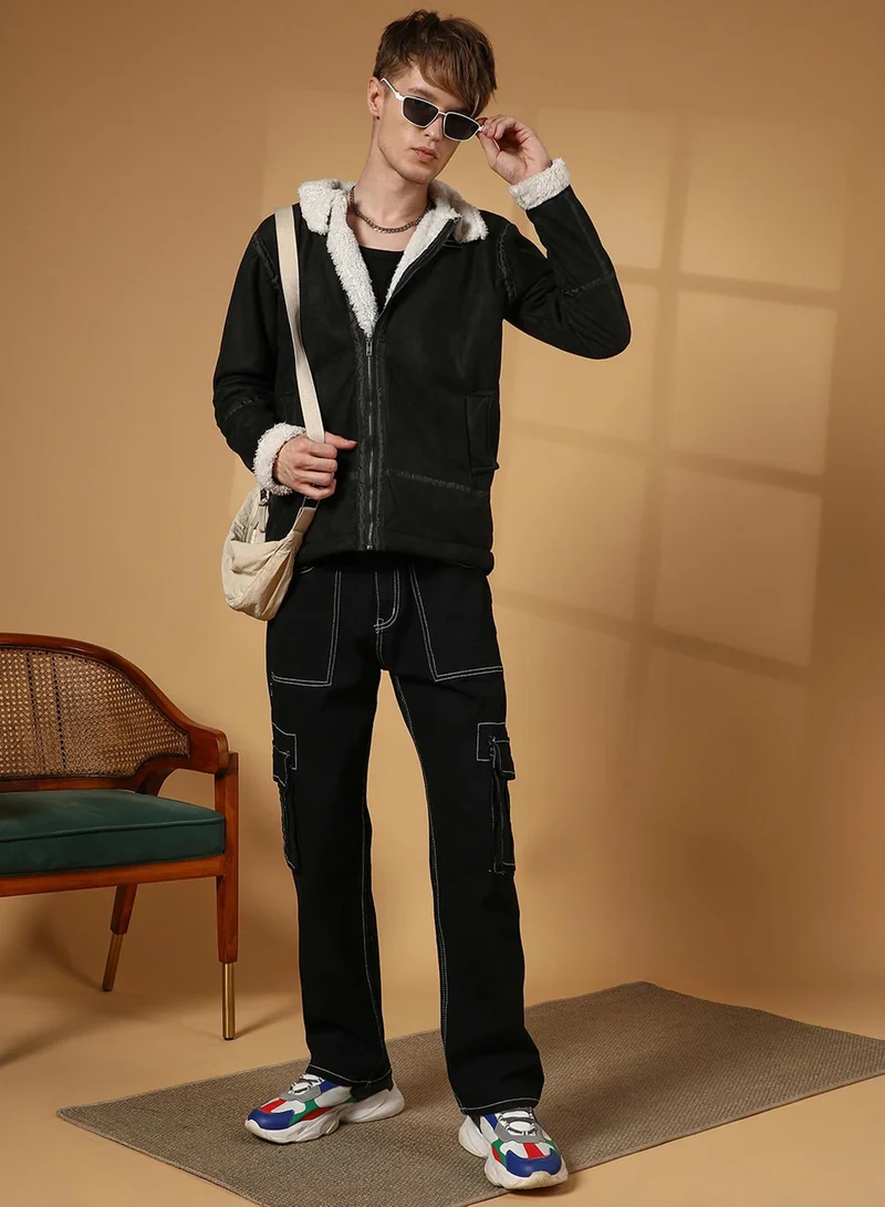كامبوس سوترا Men's Carbon Black & Chalk White Fleece Lined Biker Jacket