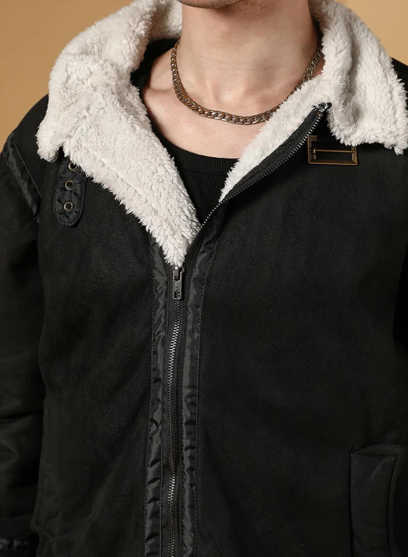 كامبوس سوترا Men's Carbon Black & Chalk White Fleece Lined Biker Jacket