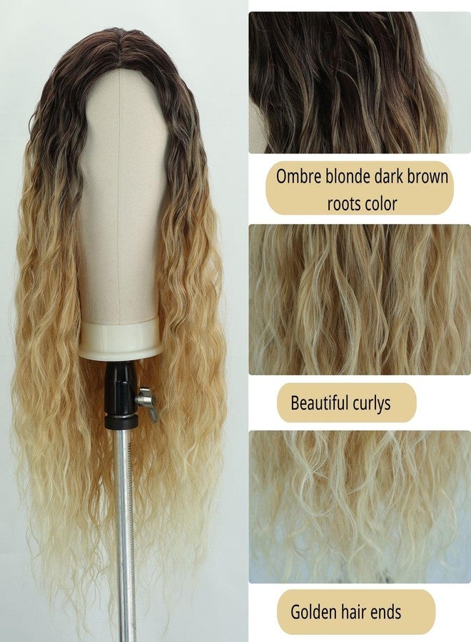 Fencca Layered Ombre Blonde Long Curly Wigs for Women 24 inch Middle Part Synthetic Wavy Wig with Dark roots Natural Looking Daily Party Wig - Image 4