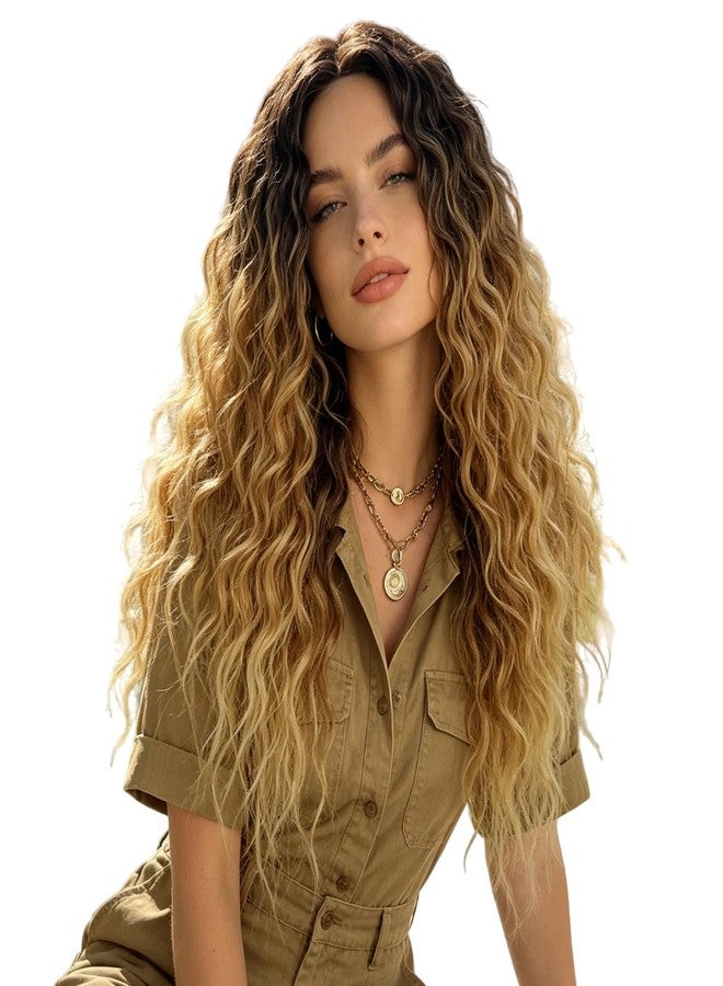 Fencca Layered Ombre Blonde Long Curly Wigs for Women 24 inch Middle Part Synthetic Wavy Wig with Dark roots Natural Looking Daily Party Wig - Image 1