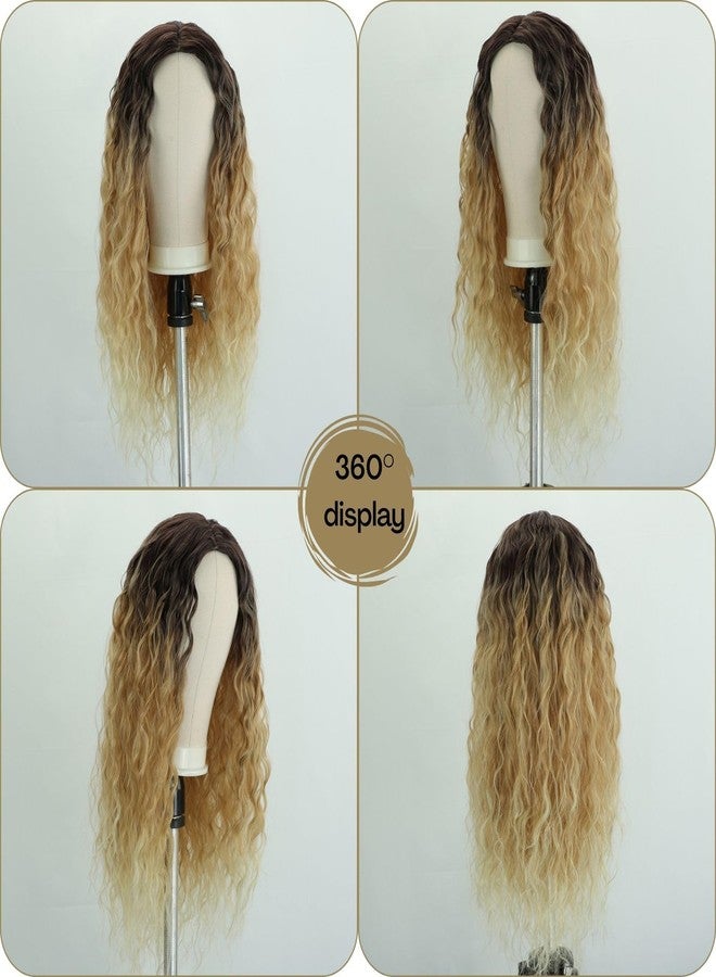 Fencca Layered Ombre Blonde Long Curly Wigs for Women 24 inch Middle Part Synthetic Wavy Wig with Dark roots Natural Looking Daily Party Wig - Image 2
