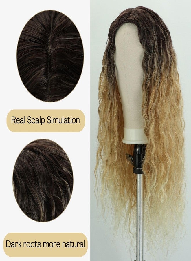 Fencca Layered Ombre Blonde Long Curly Wigs for Women 24 inch Middle Part Synthetic Wavy Wig with Dark roots Natural Looking Daily Party Wig - Image 5