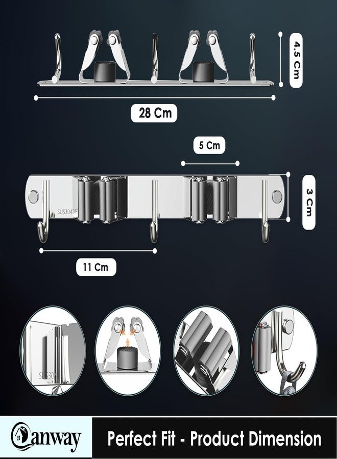 CANWAY® 1 Piece Stainless Steel 2 Racks with 3 Hook Heavy Duty Wall Mounted Broom and Mop Stick Holder, Hanging Tools for Home Kitchen Garden Laundry Garage - Image 2