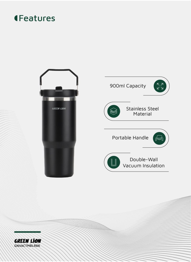 Vacuum Tumbler 900ml / Keeps Warm for 24h / Keeps Cold for 32h / Foldable Handle / Flip Straw Lid / Durable Double-Wall Vacuum Insulation Travel Mug - Black