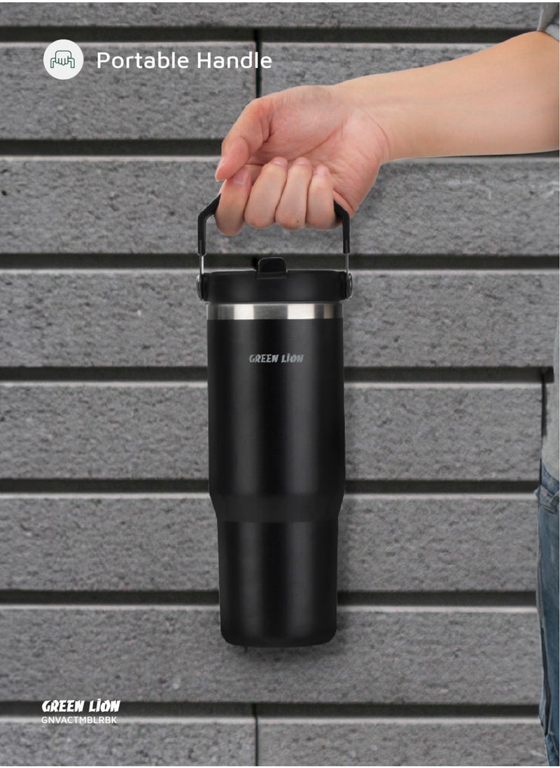 Vacuum Tumbler 900ml / Keeps Warm for 24h / Keeps Cold for 32h / Foldable Handle / Flip Straw Lid / Durable Double-Wall Vacuum Insulation Travel Mug - Black