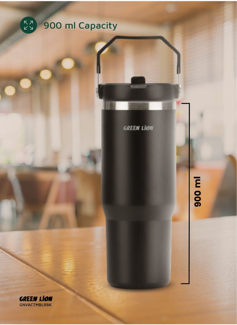 Vacuum Tumbler 900ml / Keeps Warm for 24h / Keeps Cold for 32h / Foldable Handle / Flip Straw Lid / Durable Double-Wall Vacuum Insulation Travel Mug - Black