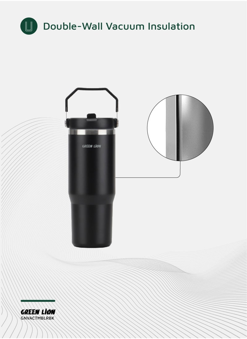 Vacuum Tumbler 900ml / Keeps Warm for 24h / Keeps Cold for 32h / Foldable Handle / Flip Straw Lid / Durable Double-Wall Vacuum Insulation Travel Mug - Black