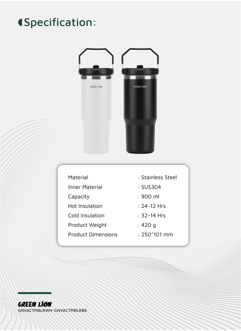 Vacuum Tumbler 900ml / Keeps Warm for 24h / Keeps Cold for 32h / Foldable Handle / Flip Straw Lid / Durable Double-Wall Vacuum Insulation Travel Mug - Black