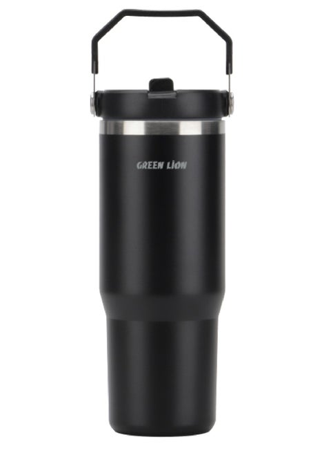 Vacuum Tumbler 900ml / Keeps Warm for 24h / Keeps Cold for 32h / Foldable Handle / Flip Straw Lid / Durable Double-Wall Vacuum Insulation Travel Mug - Black