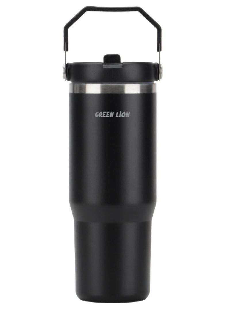 Vacuum Tumbler 900ml / Keeps Warm for 24h / Keeps Cold for 32h / Foldable Handle / Flip Straw Lid / Durable Double-Wall Vacuum Insulation Travel Mug - Black
