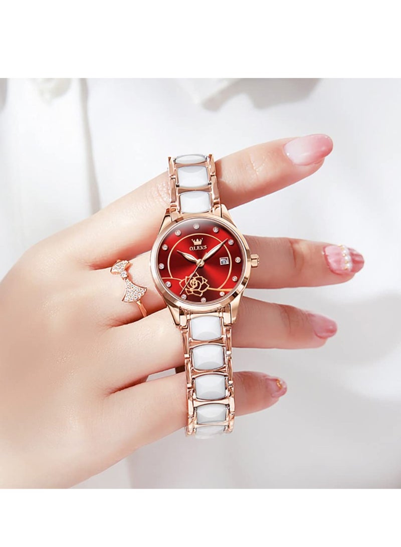 OLEVS OLEVS Women's Watch Rose Gold Ceramic Designer Elegant Note Fashion Luxury 3ATM Date Waterproof Luminous Green Quartz Watch  - Image 3