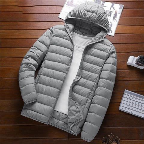 Lightweight Cotton down Jacket Mens Stand Collar Casual Winter Coat with Hood Versatile Daily Wear Polyester Fiber Filled gray hooded  - Image 1