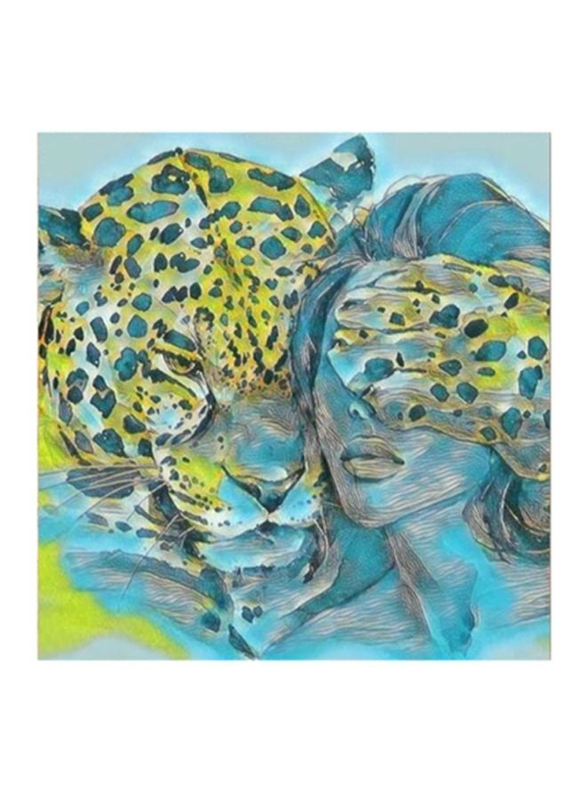 RYN Wooden Women And Tiger Wall Art Painting Blue/Green/Grey 30x30centimeter - Image 2