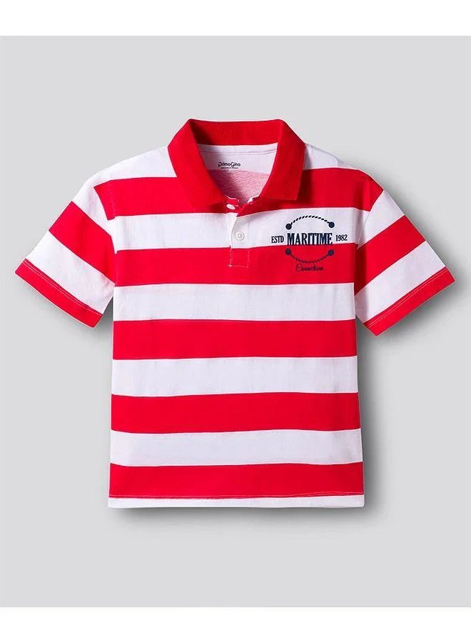 Primo Gino Primo Gino 100% Cotton Oversized Drop Shoulder Striped Polo T-Shirt With Embroidery - White/ Red