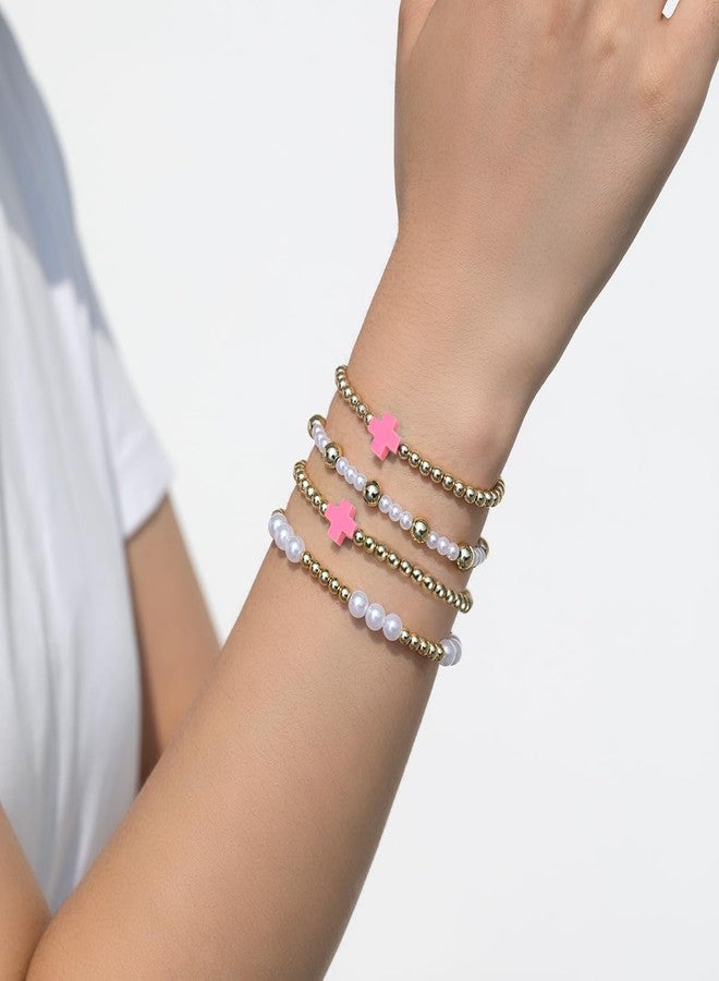 Pingyongchang Gold Beads Stackable Cross Bracelets for Women Boho Handmade Imitation Pearl Cross Beaded Elastic Stretch Bracelet Friendship Jewelry Gift-Pink - Image 3