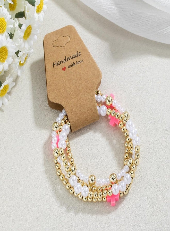 Pingyongchang Gold Beads Stackable Cross Bracelets for Women Boho Handmade Imitation Pearl Cross Beaded Elastic Stretch Bracelet Friendship Jewelry Gift-Pink - Image 2