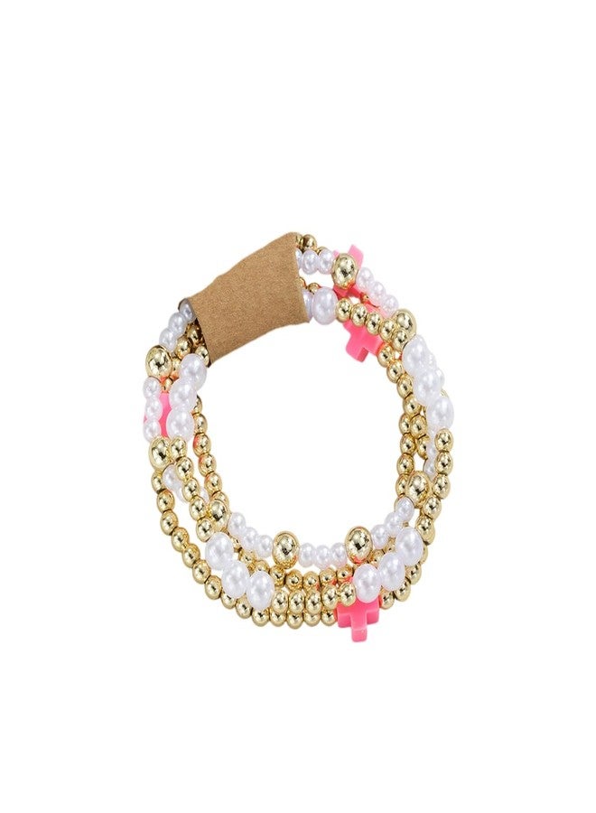 Pingyongchang Gold Beads Stackable Cross Bracelets for Women Boho Handmade Imitation Pearl Cross Beaded Elastic Stretch Bracelet Friendship Jewelry Gift-Pink - Image 1