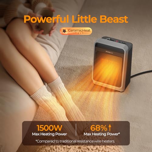 ROSEKM Space Heaters for Indoor Use, 1500W Portable Electric Heater with Thermostat, Ceramic Heater for Room Bedroom Office Under Desk with 3 Heating Levels, Safe Tip-Over Protection (Silver) - Image 2