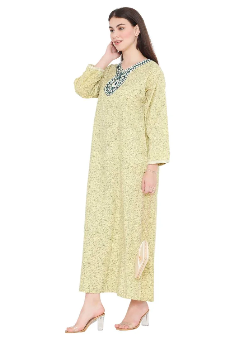 HANA & SARA SIMPLE PRINTED WITH THREAD EMBROIDERY LONG VISCOSE ARABIC KAFTAN JALABIYA DRESS