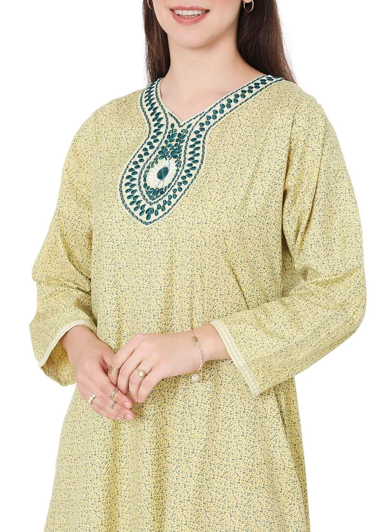 HANA & SARA SIMPLE PRINTED WITH THREAD EMBROIDERY LONG VISCOSE ARABIC KAFTAN JALABIYA DRESS