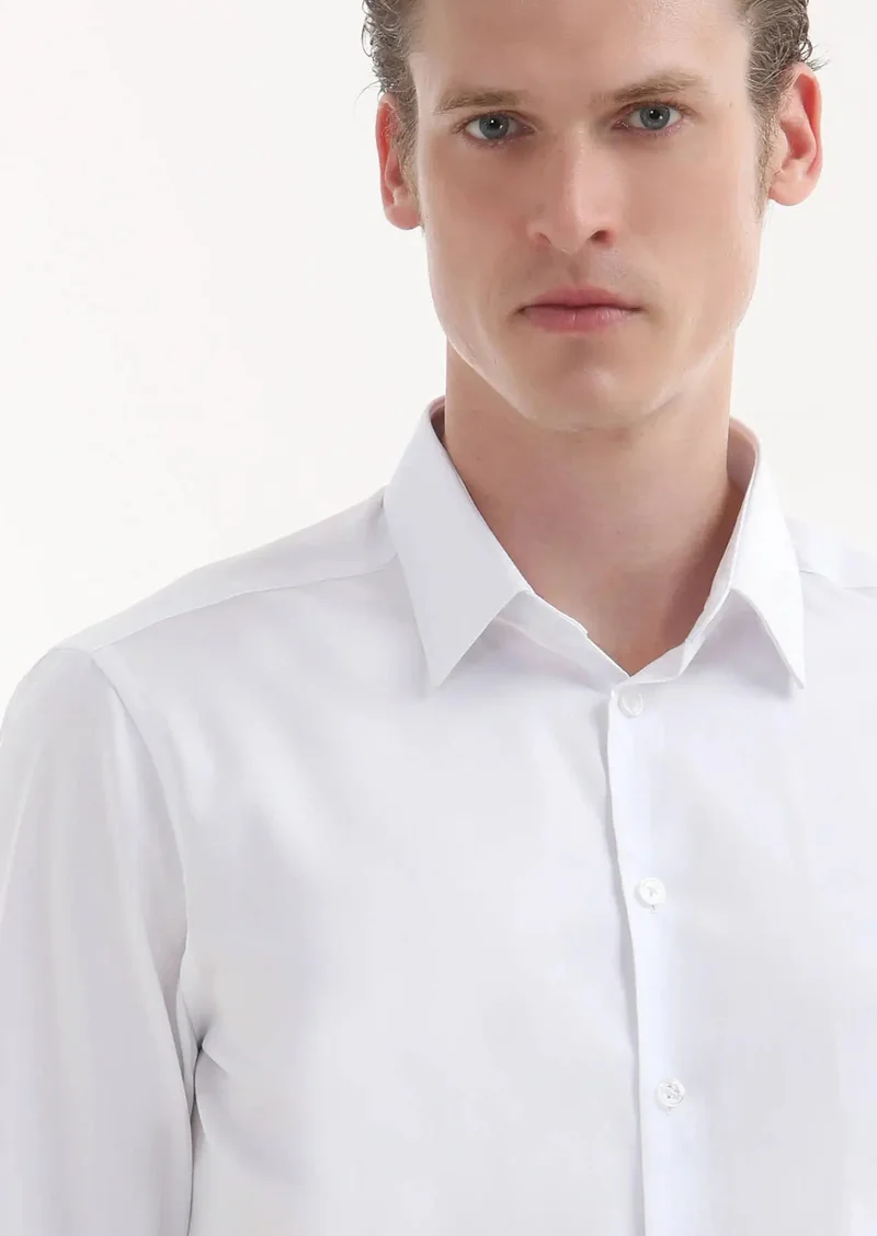 RAMSEY White Plain Super Slim Fit Weaving Classical 100% Cotton Shirt