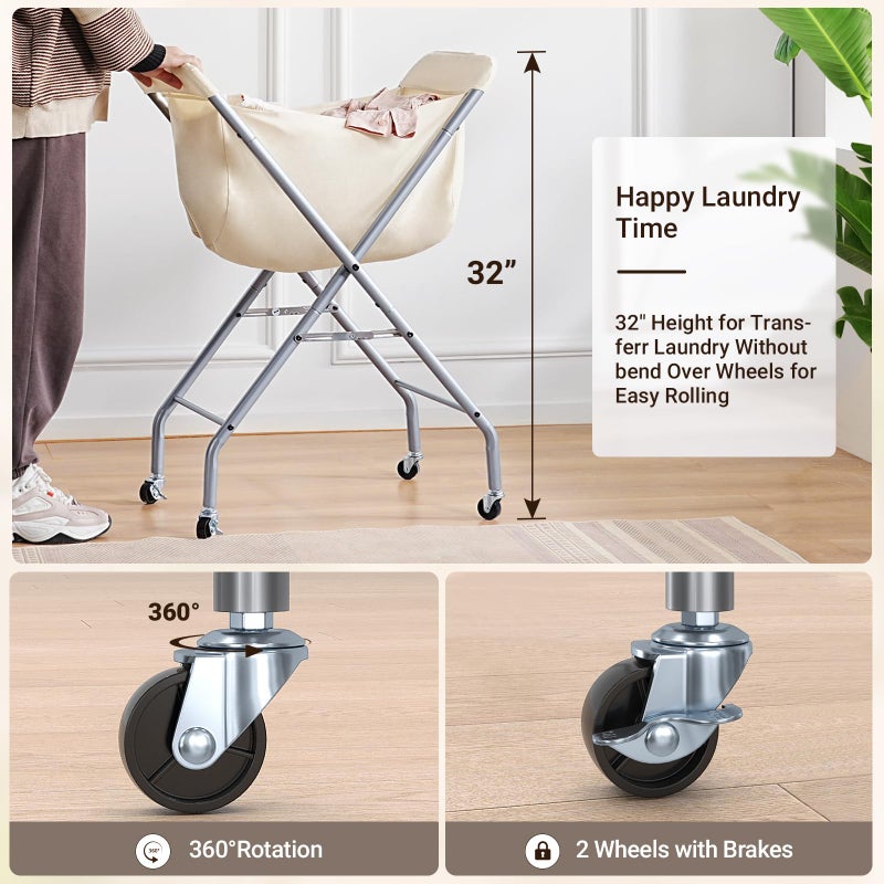 ELYKEN Laundry Cart with Wheels, 32â€H Easy Rolling Laundry Hamper with Removable Liner Bag, Sturdy Metal Frame Clothes Basket with 4 Casters and 2 Brakes - Image 2