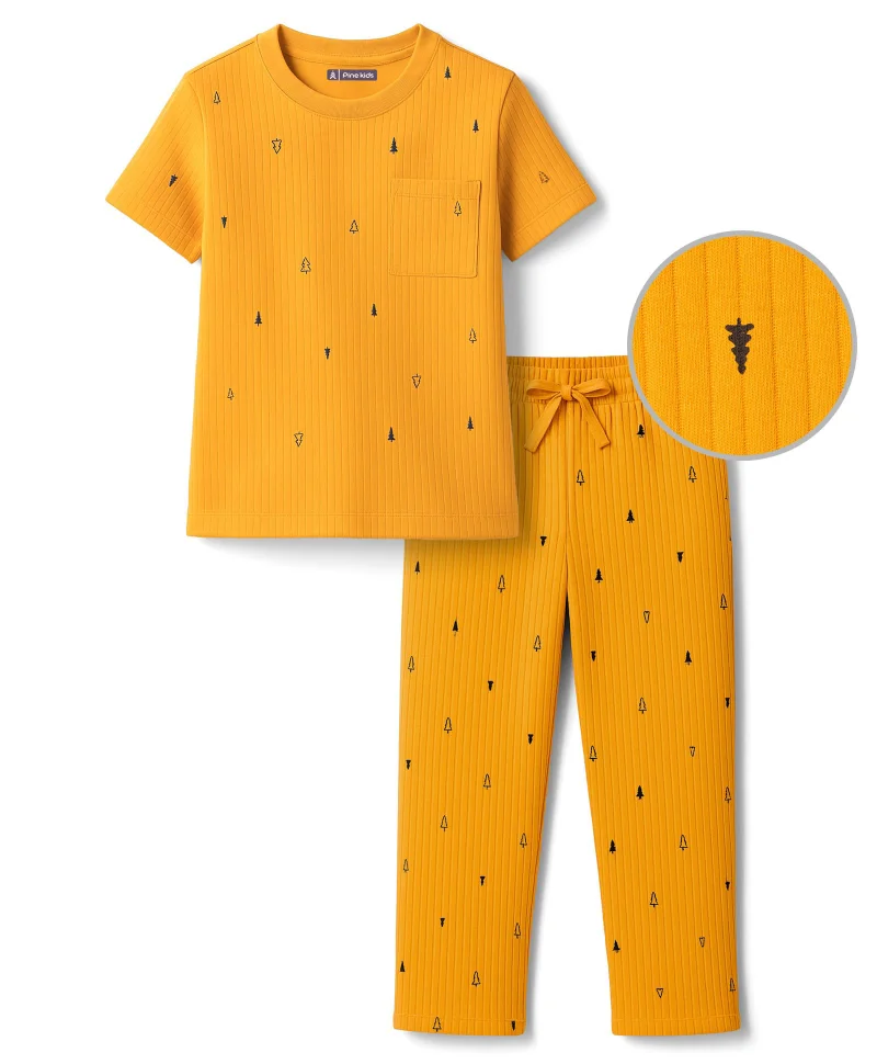 Pine Kids Pine Kids Short Sleeves Co-ords Night Suit With Tree Print - Yellow