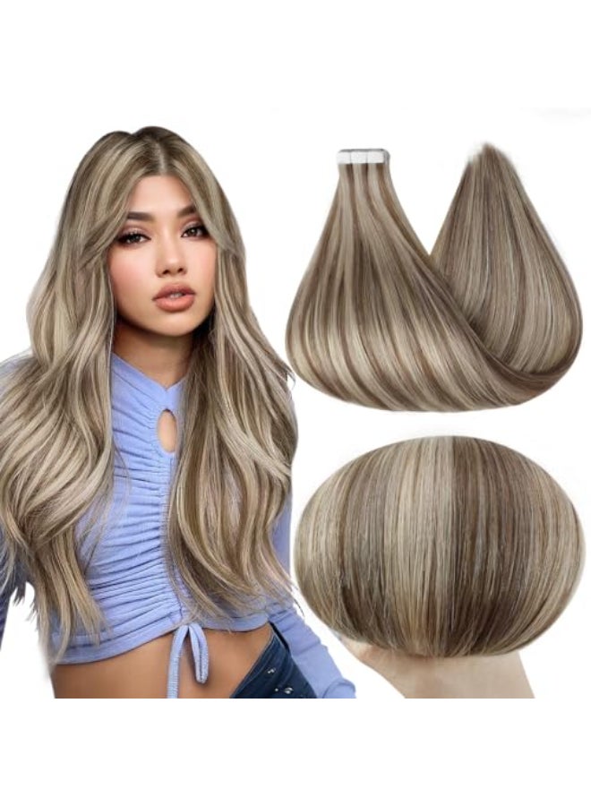 Full Shine Tape in Hair Extensions 18 Inch Ash Brown Highlights Platinum Blonde 8p60 Invisible Tape in Hair Extensions Human Hair Adhesive Remy Seamless Tape Extensions 50G 20Pcs for Wedding - Image 1