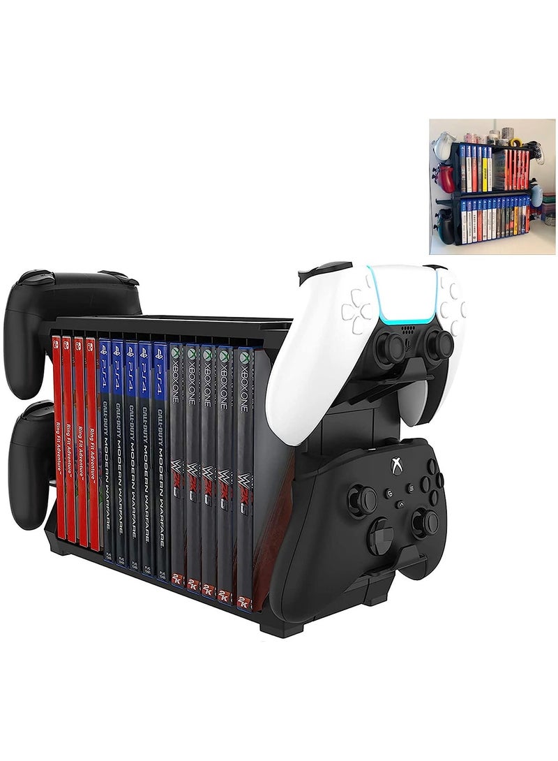Games Storage Tower for PS5, with Controller Holder Game Holder Organizer for Playstation PS5/ PS4/ Series S & X/one Controllers,Game Discs, Headphones and Accessories  - Image 1