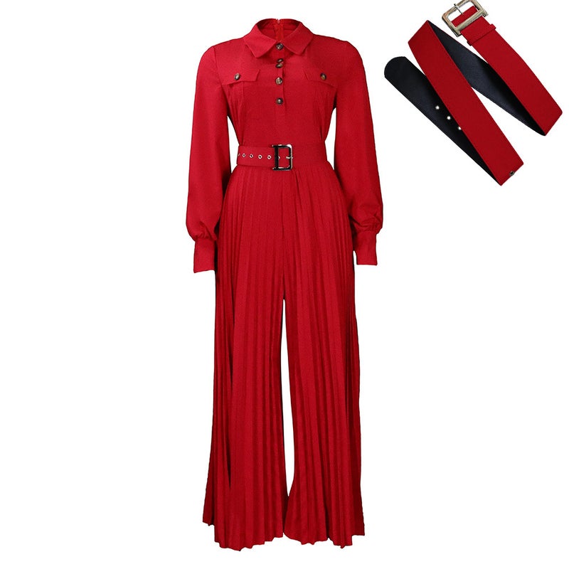 2023 Casual Long Sleeve Jumpsuit with Belt for Women Red - Image 1