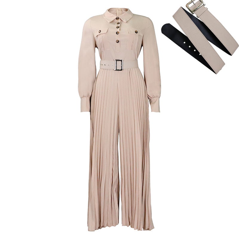 2023 Casual Long Sleeve Jumpsuit with Belt for Women Red - Image 4