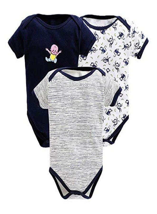 TiniBerry Cotton Baby Bodysuit Short Sleeve Half Romper Pack of 3 Soft & Comfortable for Kids (3-6 Months, Nevy Blue) - Image 1