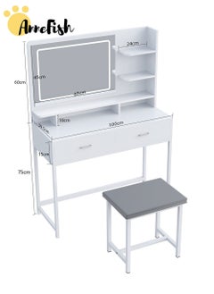 AnneFish 100*40*135㎝ Bedroom Dresser Stool Set With LED Light Mirror And Drawers For Make Up Vanity Table 3 Levels Light Intensity With USB Cable  - Image 2